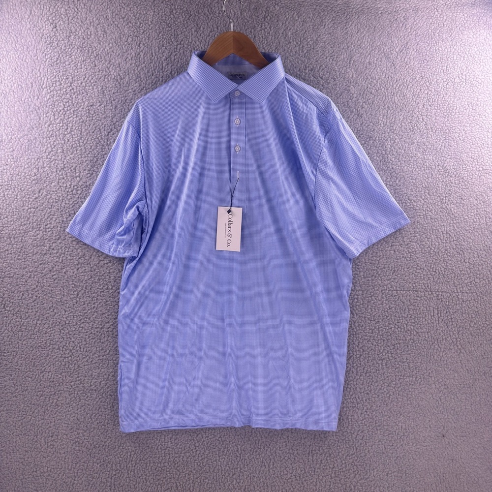 Collars & Co Mens XL Relaxed Polo Shirt Blue White Micro Check Performance NWT
